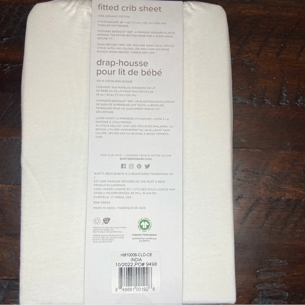Burt’s Bees Baby 100% Solid Organic Cotton BEESNUG® Fitted Crib Sheet NEW